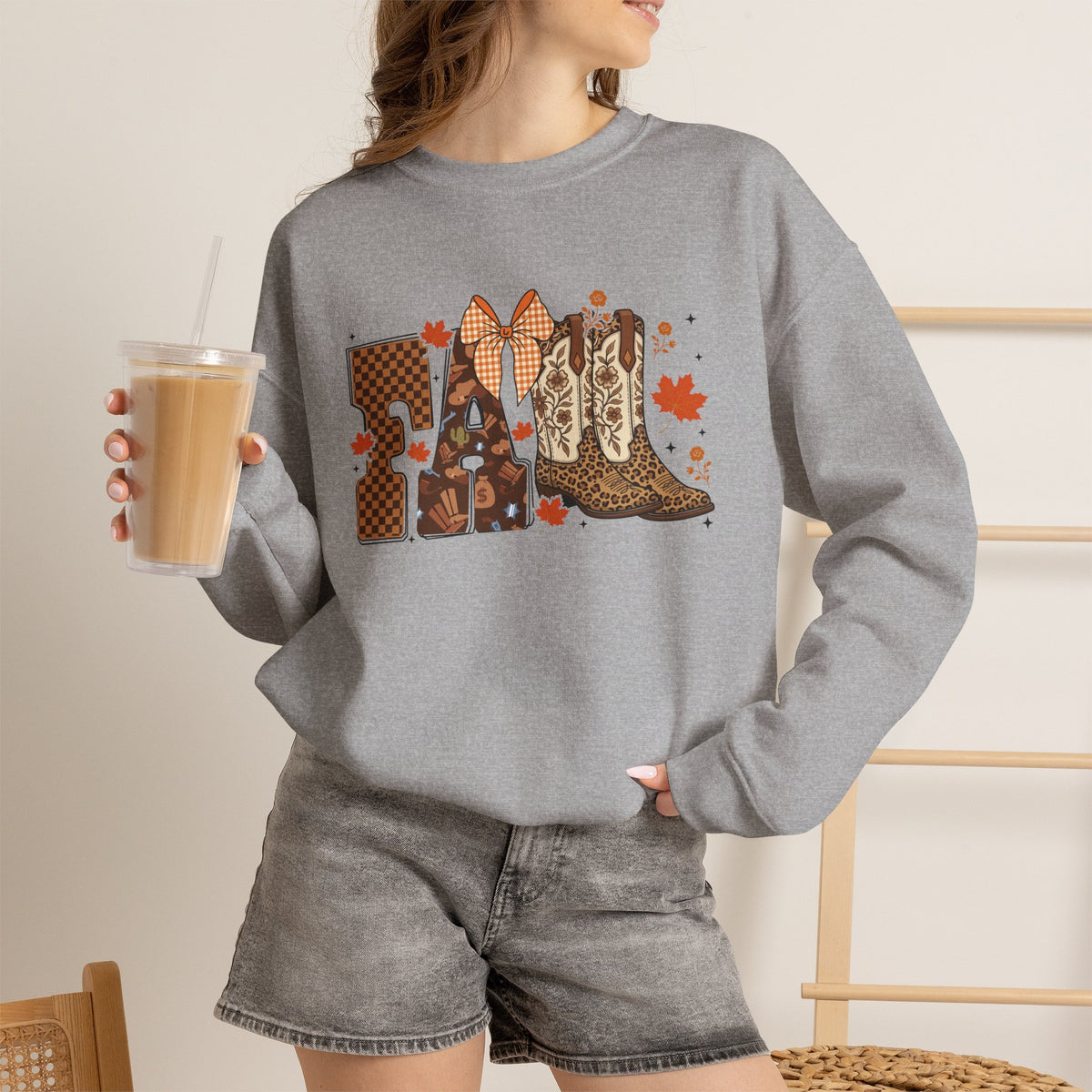 Cowgirl Boots Fall Crewneck Sweatshirt — Western Autumn Graphic