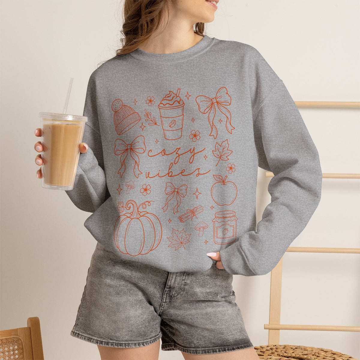 Cozy Vibes Crewneck Sweatshirt — Autumn Doodle Design (Pumpkin, Hot Cocoa, 'Cozy Vibes')