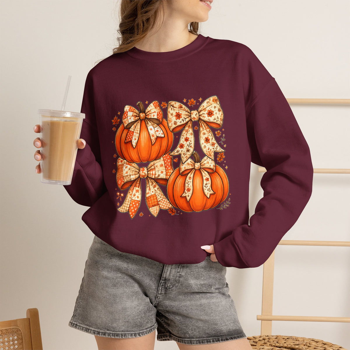 Pumpkin Bow Sweatshirt — Cute Fall Pumpkin Trio Graphic Crewneck