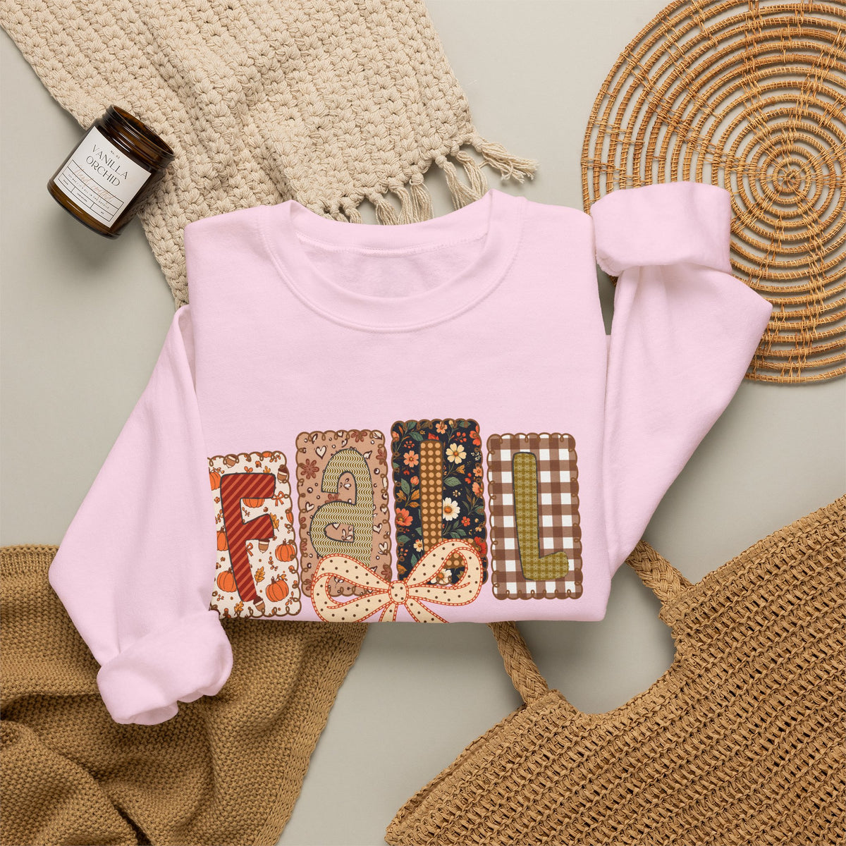 Fall Patchwork Crewneck Sweatshirt — Cozy Autumn Graphic Pullover