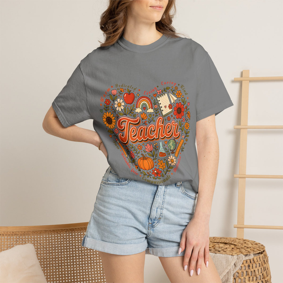 Teacher Heart Autumn Graphic T-Shirt — Fall Apple Pumpkin School Appreciation