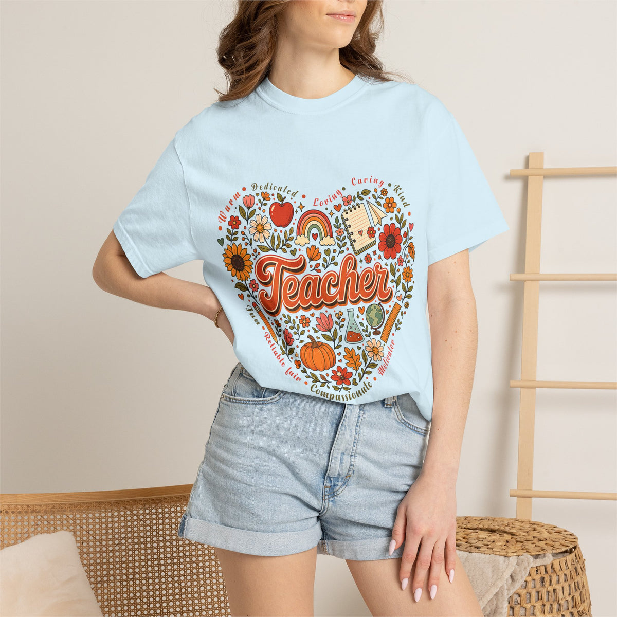 Teacher Heart Autumn Graphic T-Shirt — Fall Apple Pumpkin School Appreciation