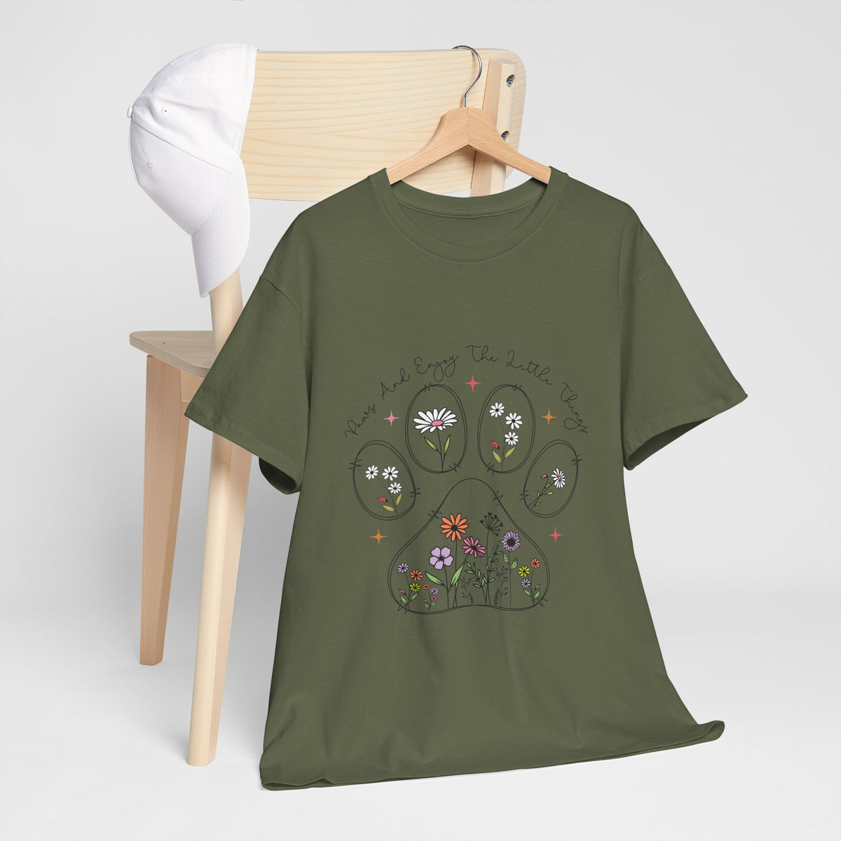 Floral Paw Print Tee — "Pause and Enjoy the Little Things" Cotton Shirt