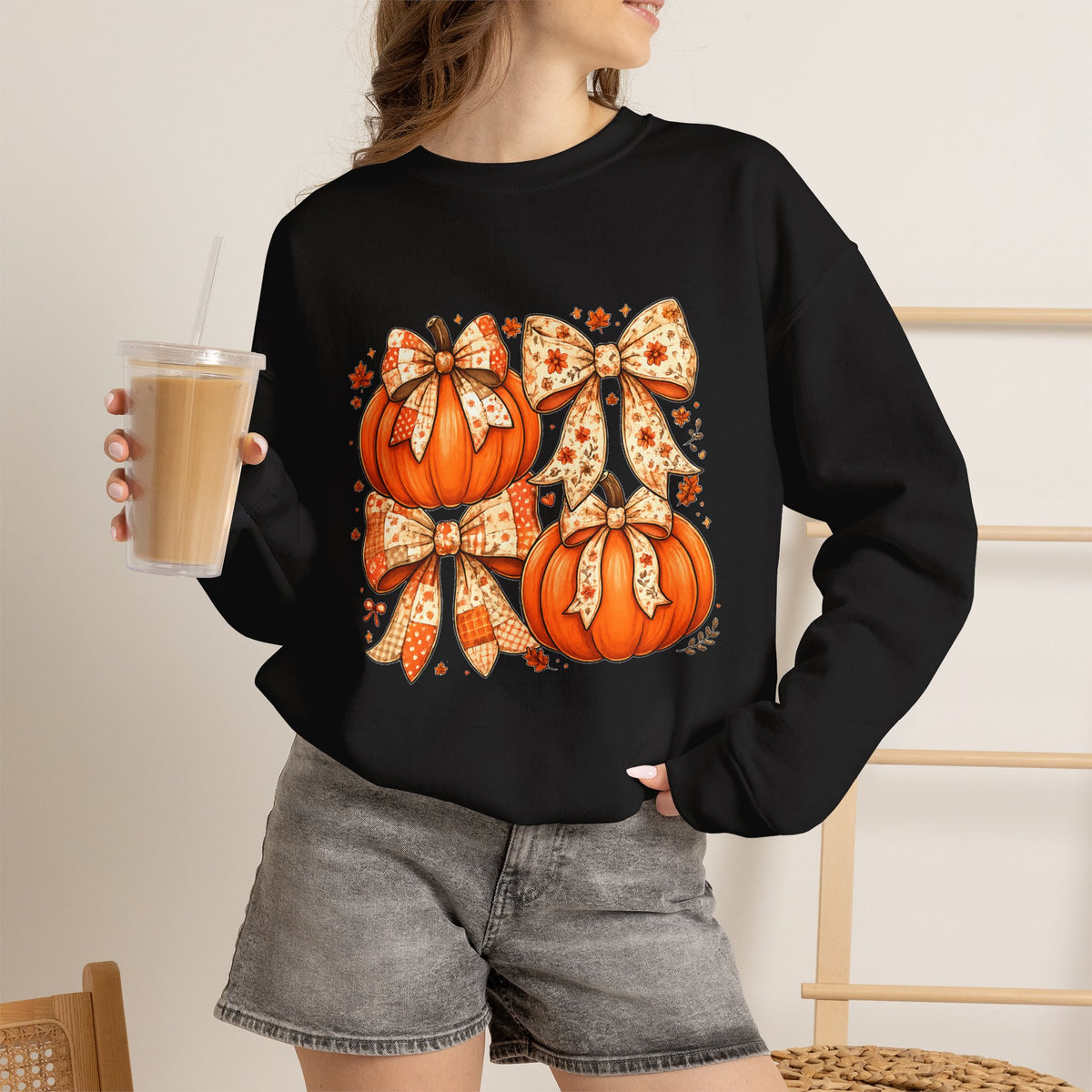 Pumpkin Bow Sweatshirt — Cute Fall Pumpkin Trio Graphic Crewneck