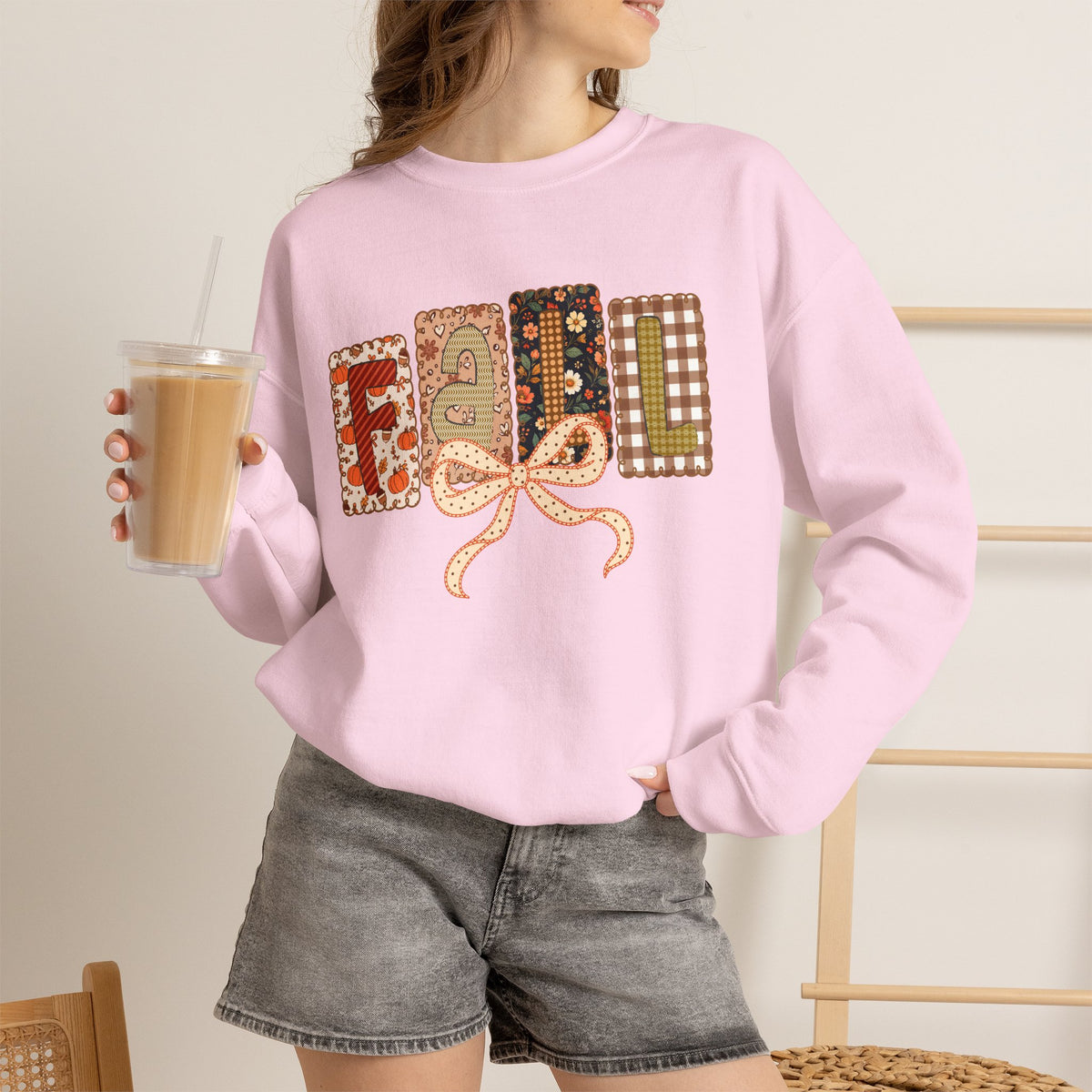 Fall Patchwork Crewneck Sweatshirt — Cozy Autumn Graphic Pullover