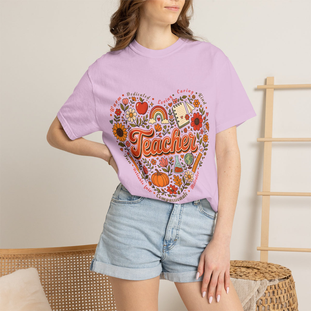 Teacher Heart Autumn Graphic T-Shirt — Fall Apple Pumpkin School Appreciation