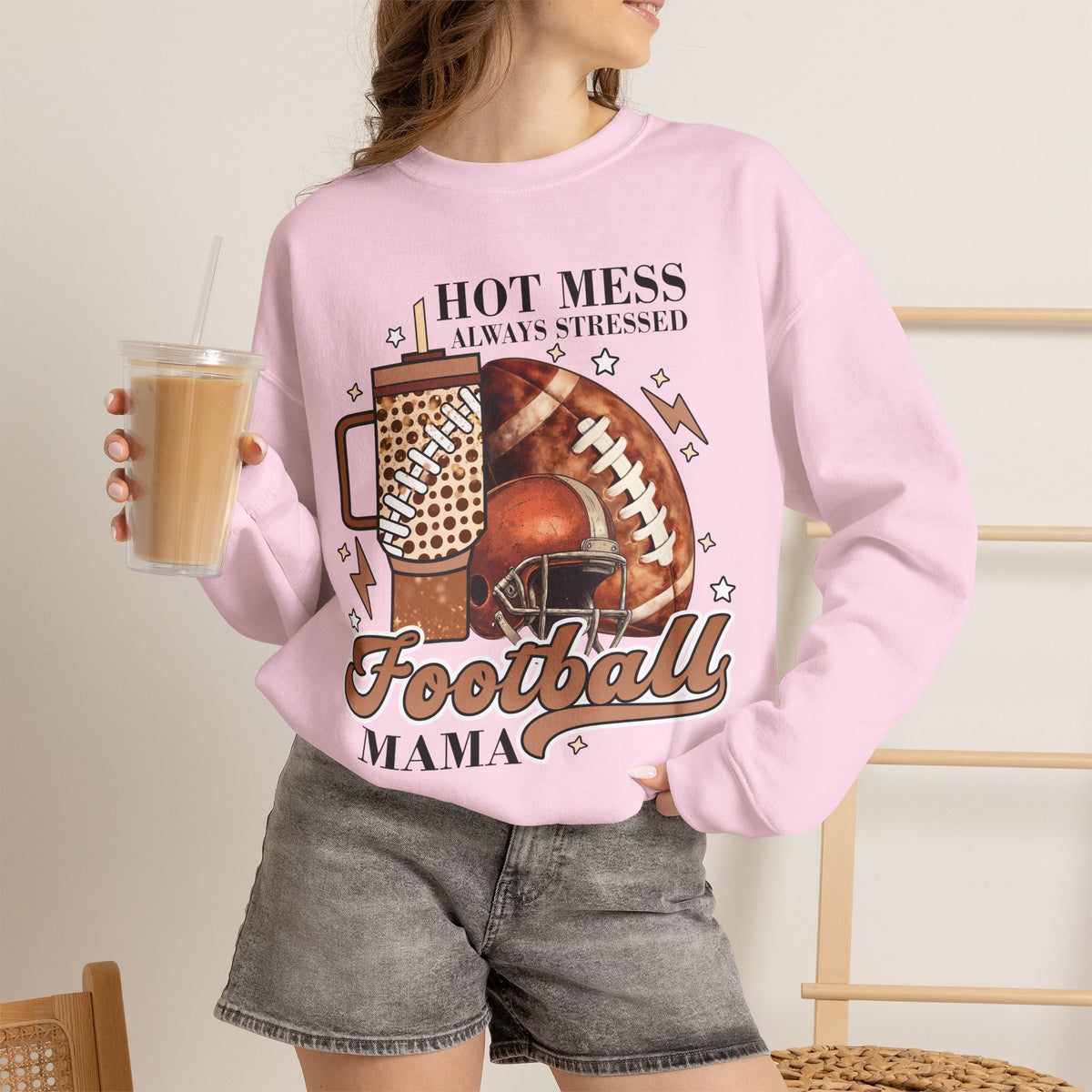 Football Mama Sweatshirt - "Hot Mess Always Stressed" Cozy Game Day Crewneck
