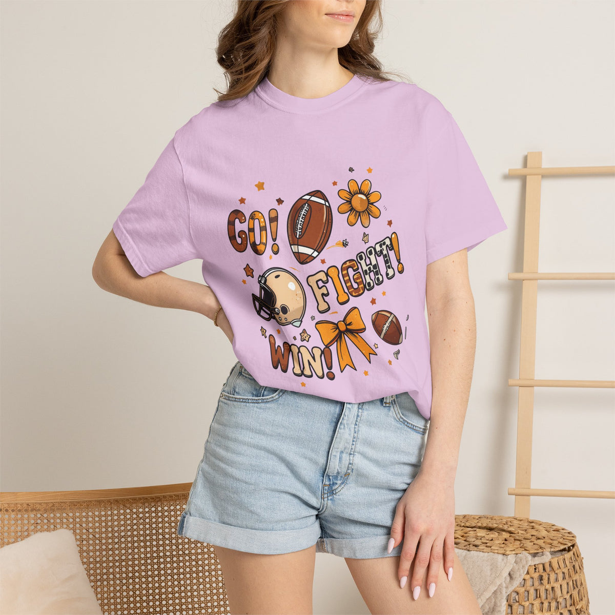 Football Cheerleader Graphic T-Shirt — "Go! Fight! Win!" Game Day Tee