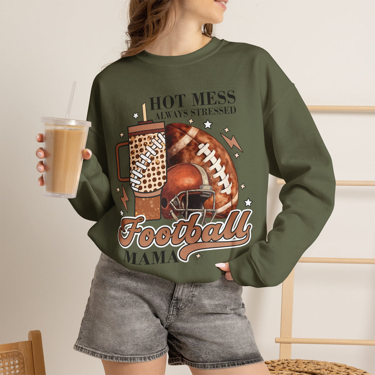 Football Mama Sweatshirt - "Hot Mess Always Stressed" Cozy Game Day Crewneck