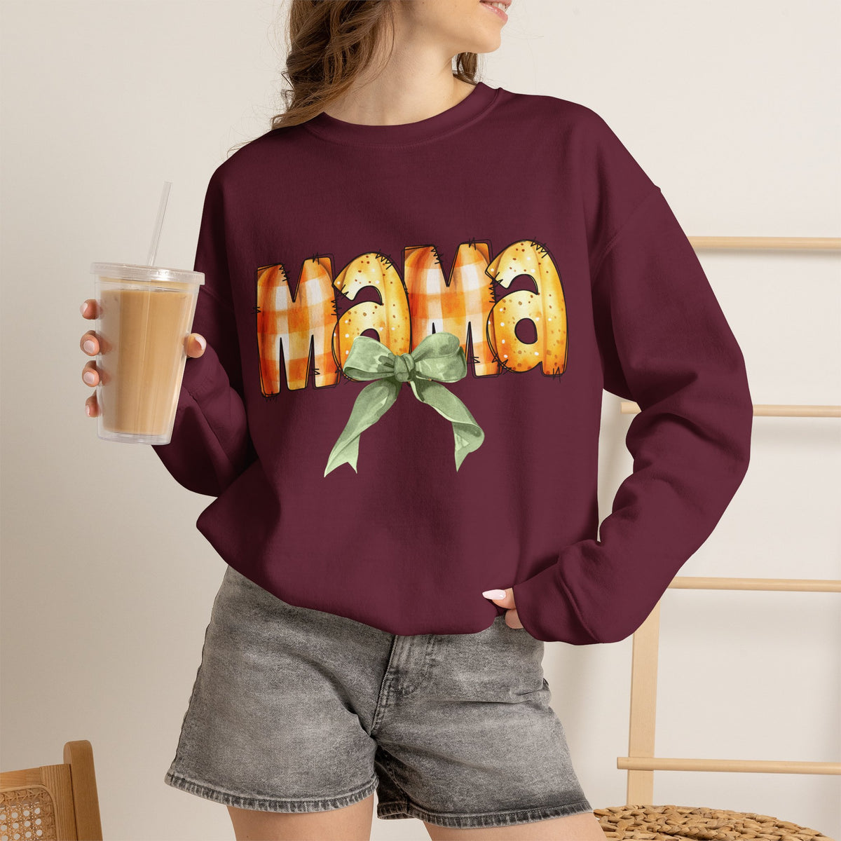 Mama Pumpkin Crewneck Sweatshirt — Autumn Mom Gift with Green Bow