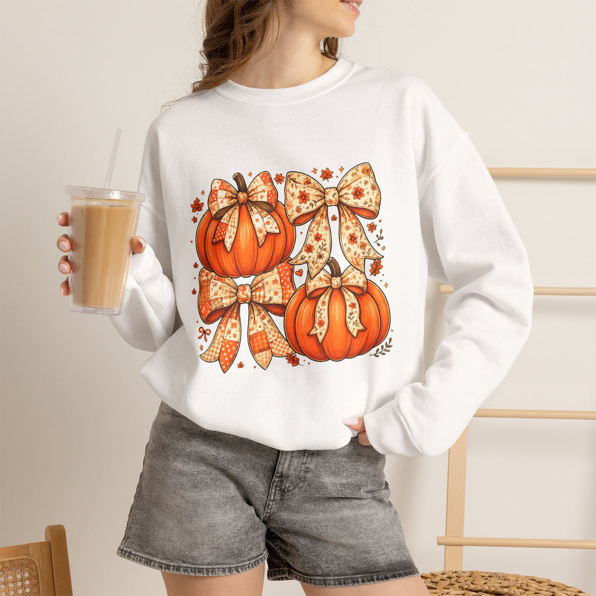 Pumpkin Bow Sweatshirt — Cute Fall Pumpkin Trio Graphic Crewneck