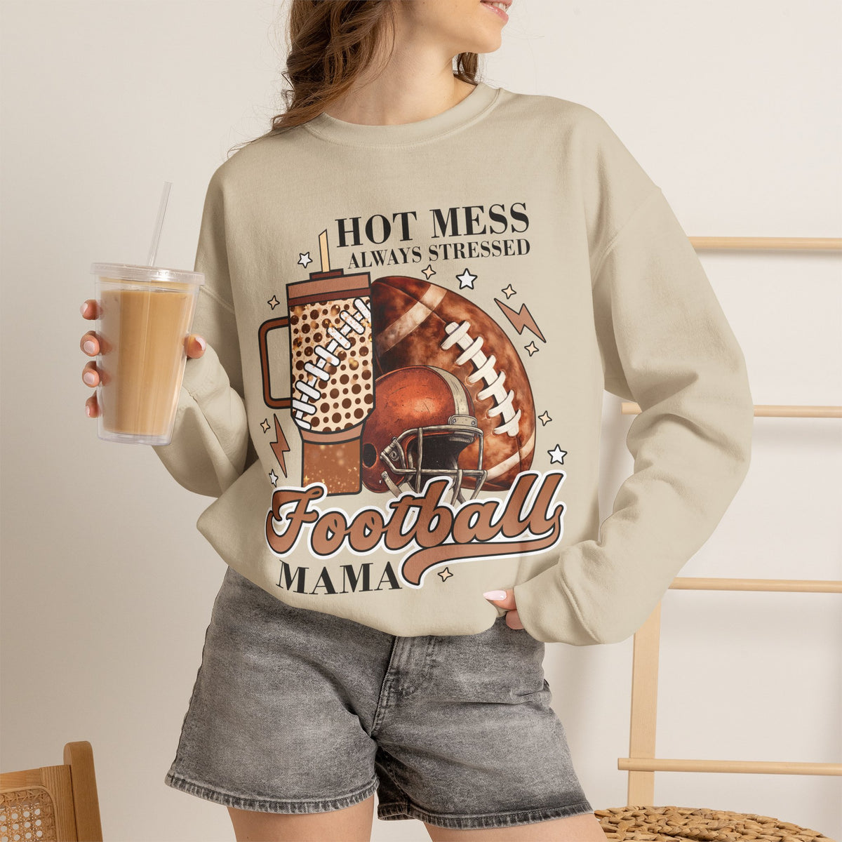 Football Mama Sweatshirt - "Hot Mess Always Stressed" Cozy Game Day Crewneck