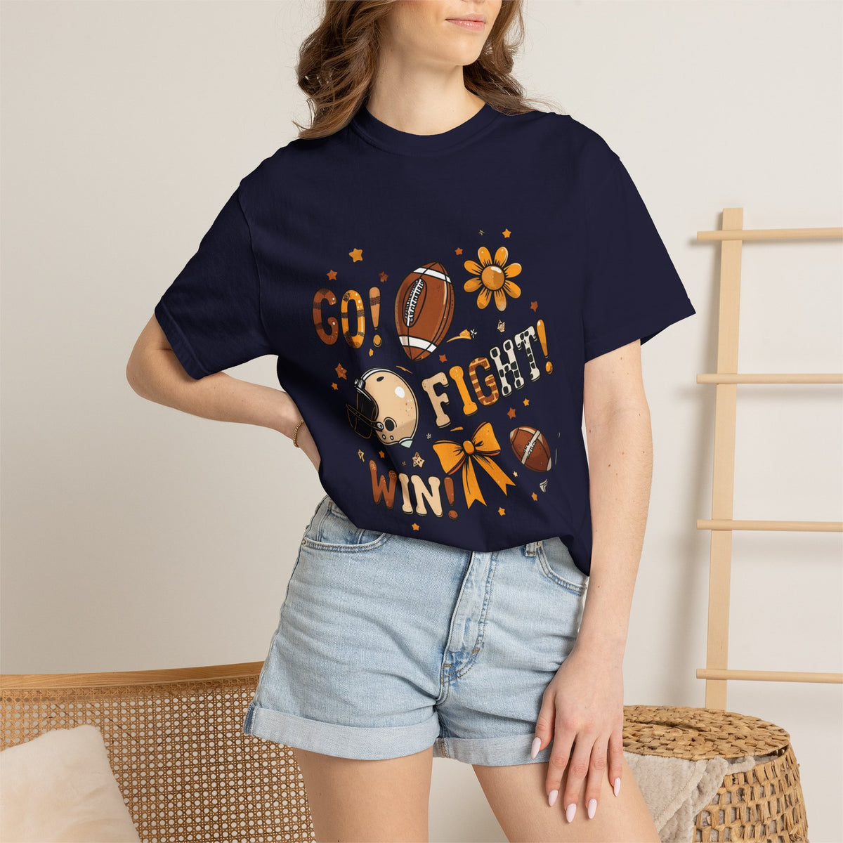 Football Cheerleader Graphic T-Shirt — "Go! Fight! Win!" Game Day Tee