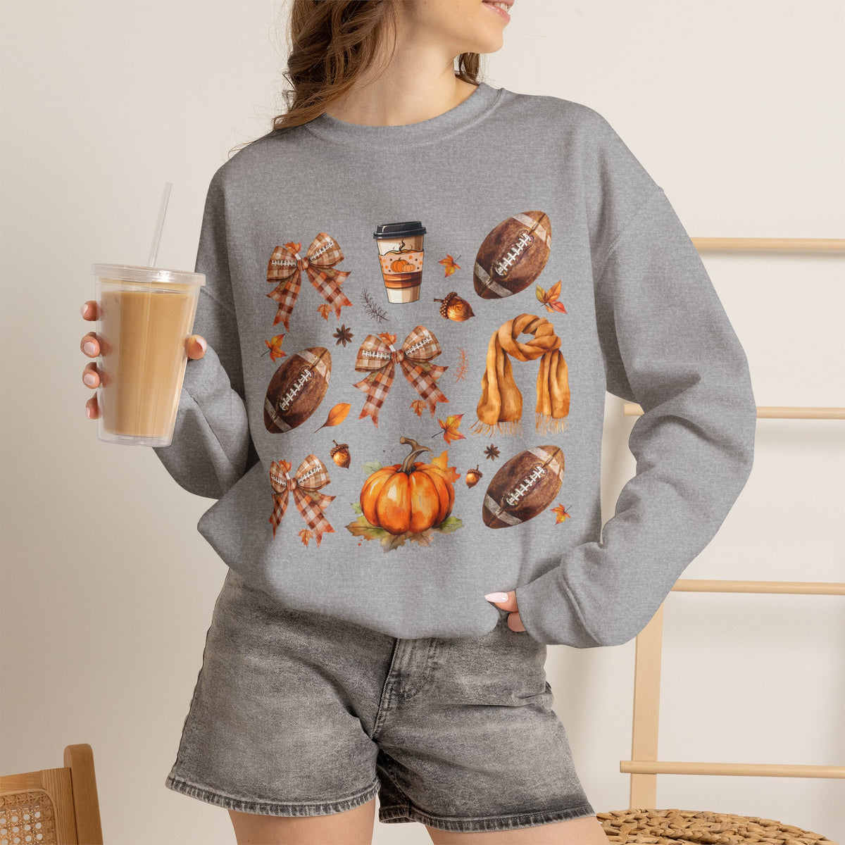 Fall Football Collage Sweatshirt — Pumpkin, Scarf & Coffee Seasonal Crewneck