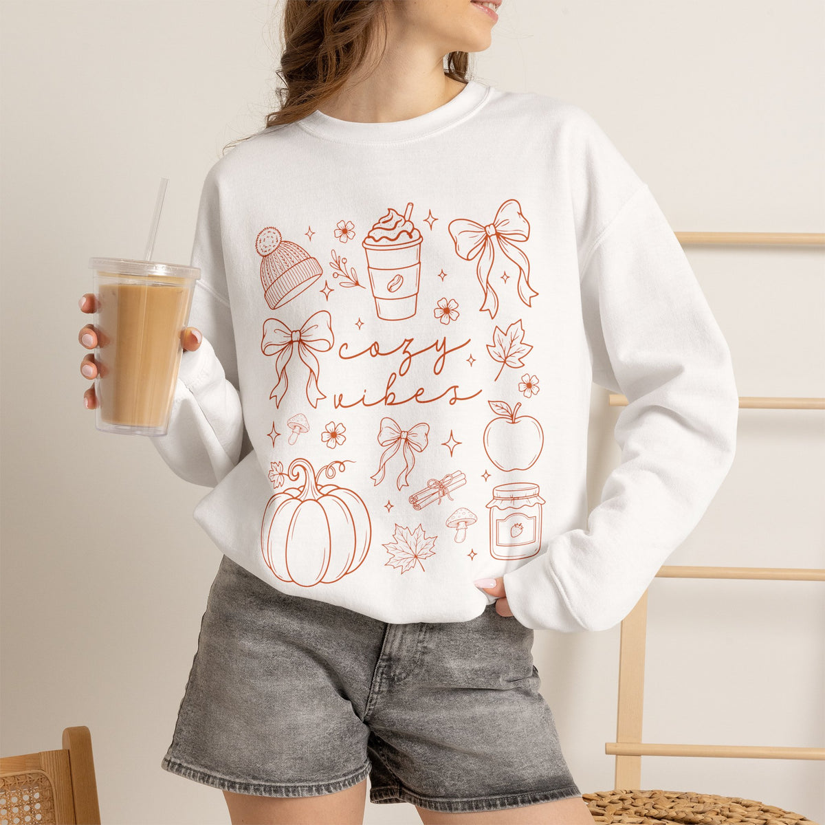 Cozy Vibes Crewneck Sweatshirt — Autumn Doodle Design (Pumpkin, Hot Cocoa, 'Cozy Vibes')