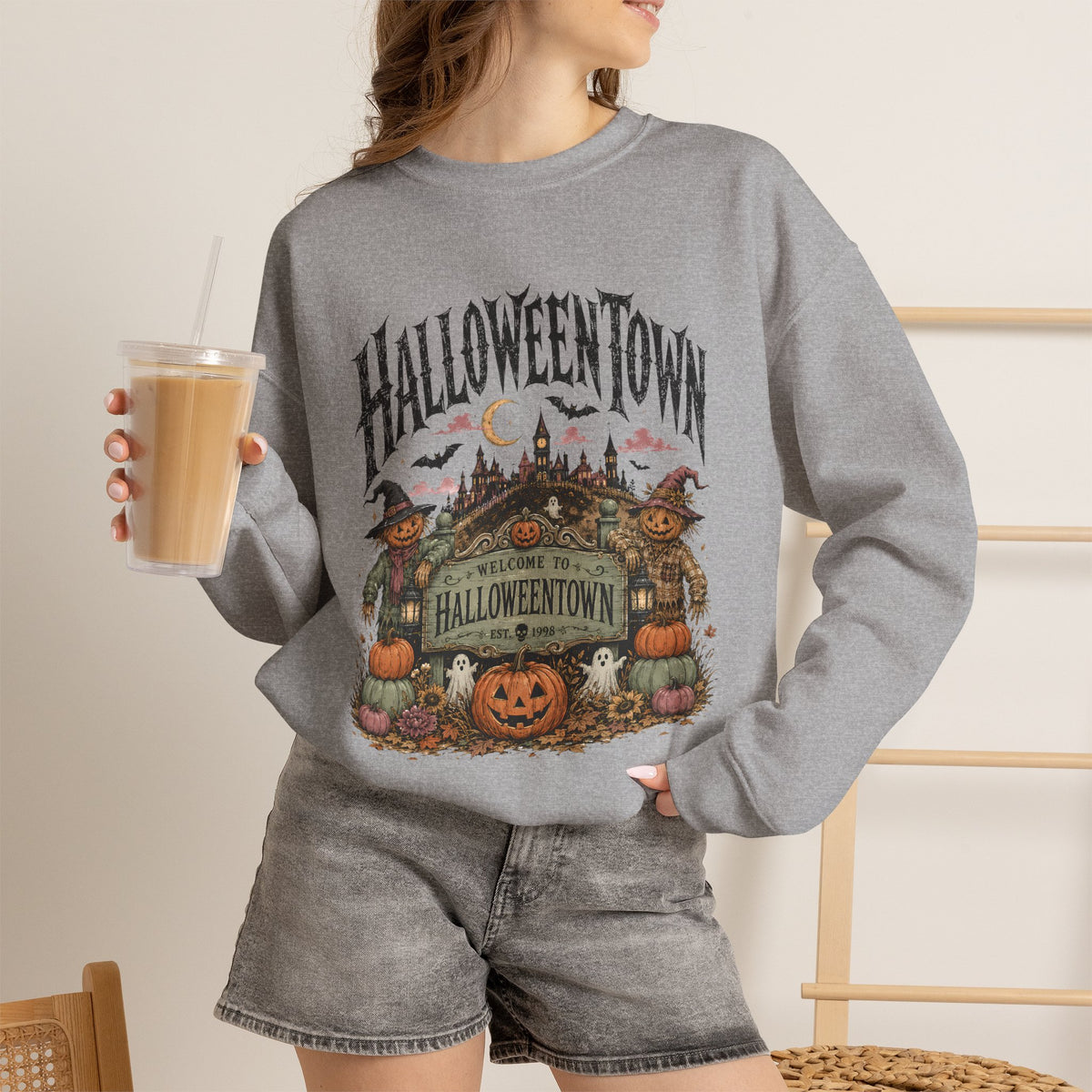 HalloweenTown Crewneck Sweatshirt – Vintage Halloween Pumpkin & Haunted Village Design