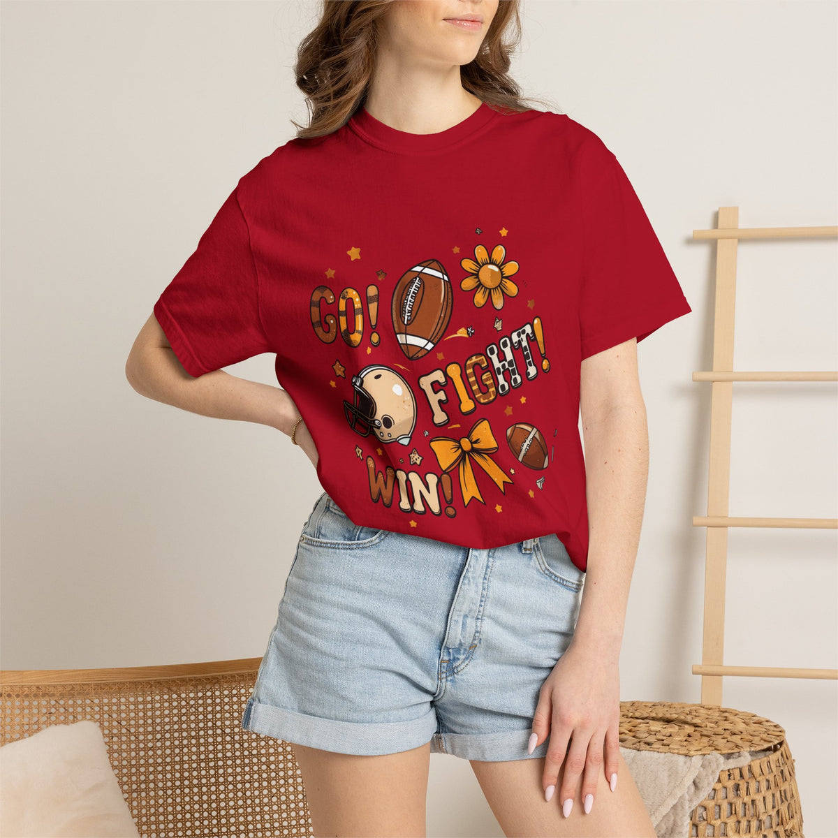 Football Cheerleader Graphic T-Shirt — "Go! Fight! Win!" Game Day Tee