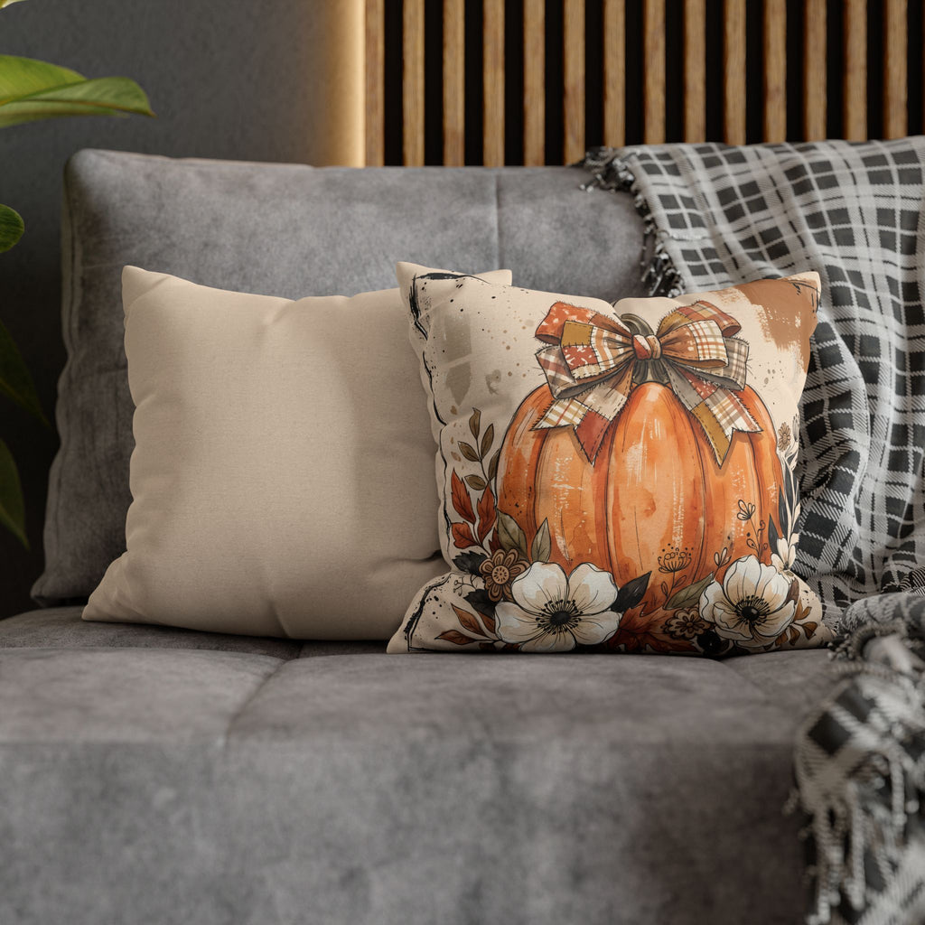 Autumn Pumpkin Pillowcase — Fall Plaid Bow Decorative Cushion Cover
