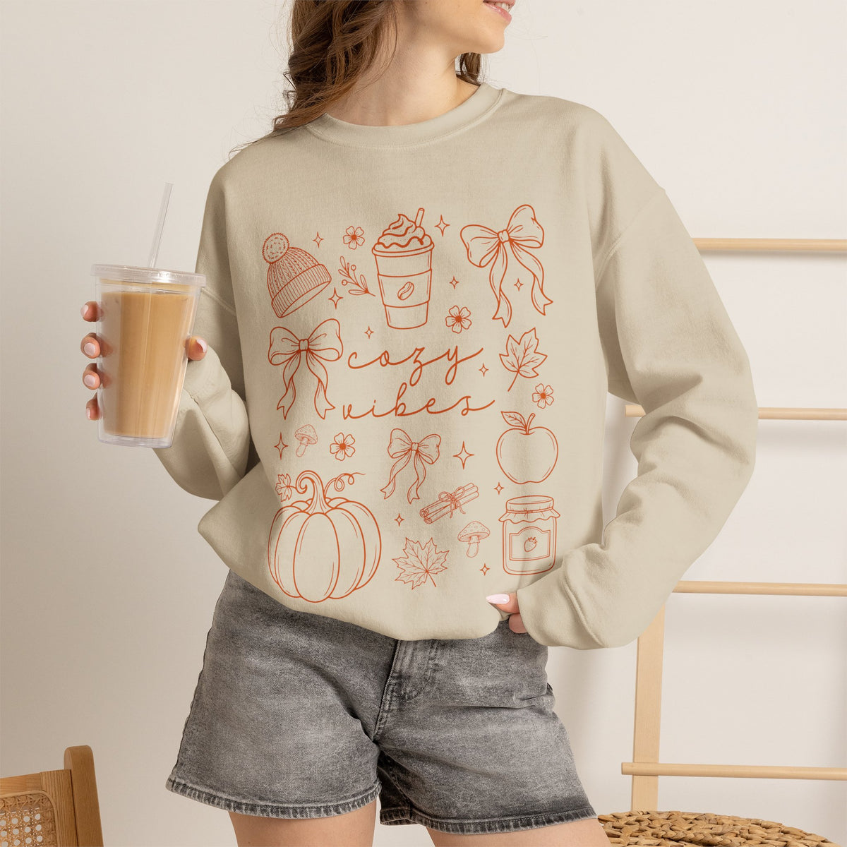 Cozy Vibes Crewneck Sweatshirt — Autumn Doodle Design (Pumpkin, Hot Cocoa, 'Cozy Vibes')