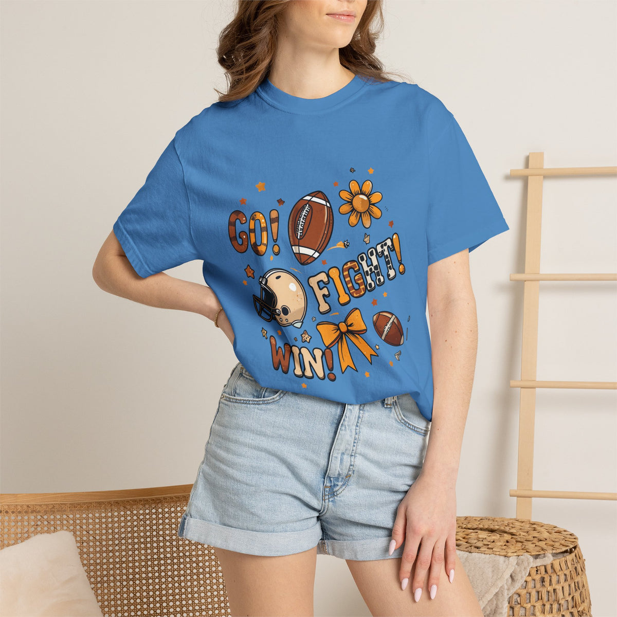 Football Cheerleader Graphic T-Shirt — "Go! Fight! Win!" Game Day Tee