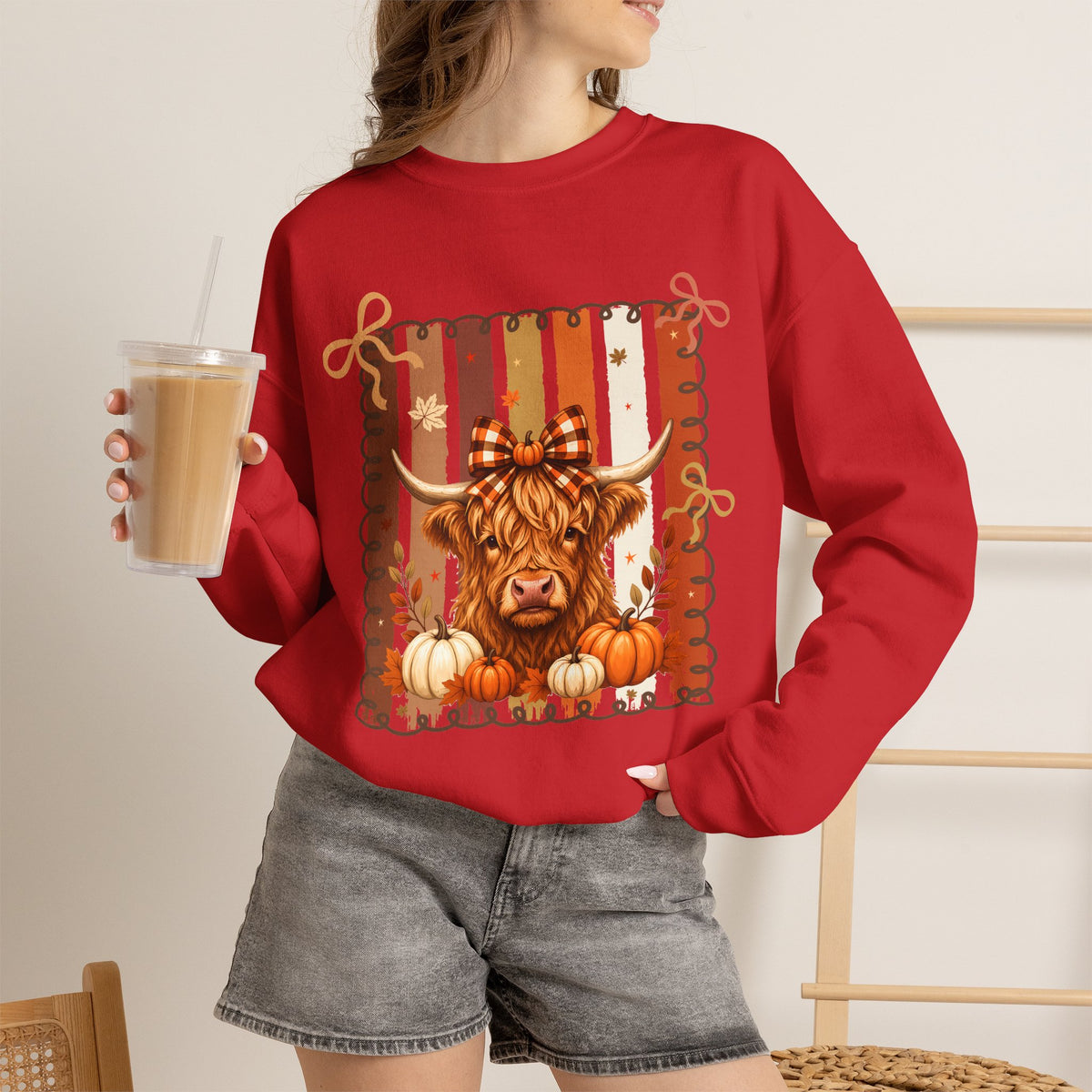 Autumn Highland Cow Sweatshirt – Pumpkin Patch Cozy Fall Crewneck