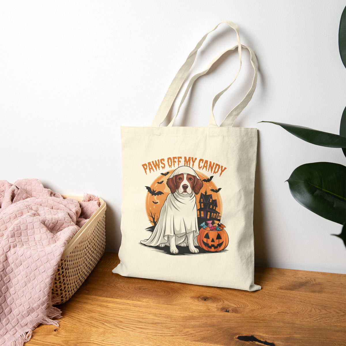 Halloween Dog Tote Bag — "Paws Off My Candy" Cotton Canvas Trick-or-Treat Bag