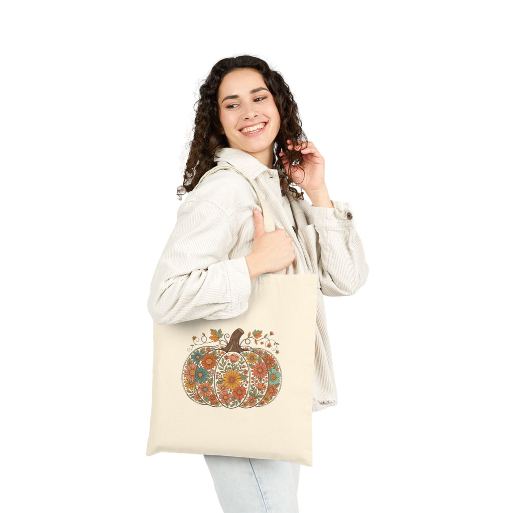 Autumn Floral Pumpkin Tote Bag — Fall Harvest Canvas Shopping Tote