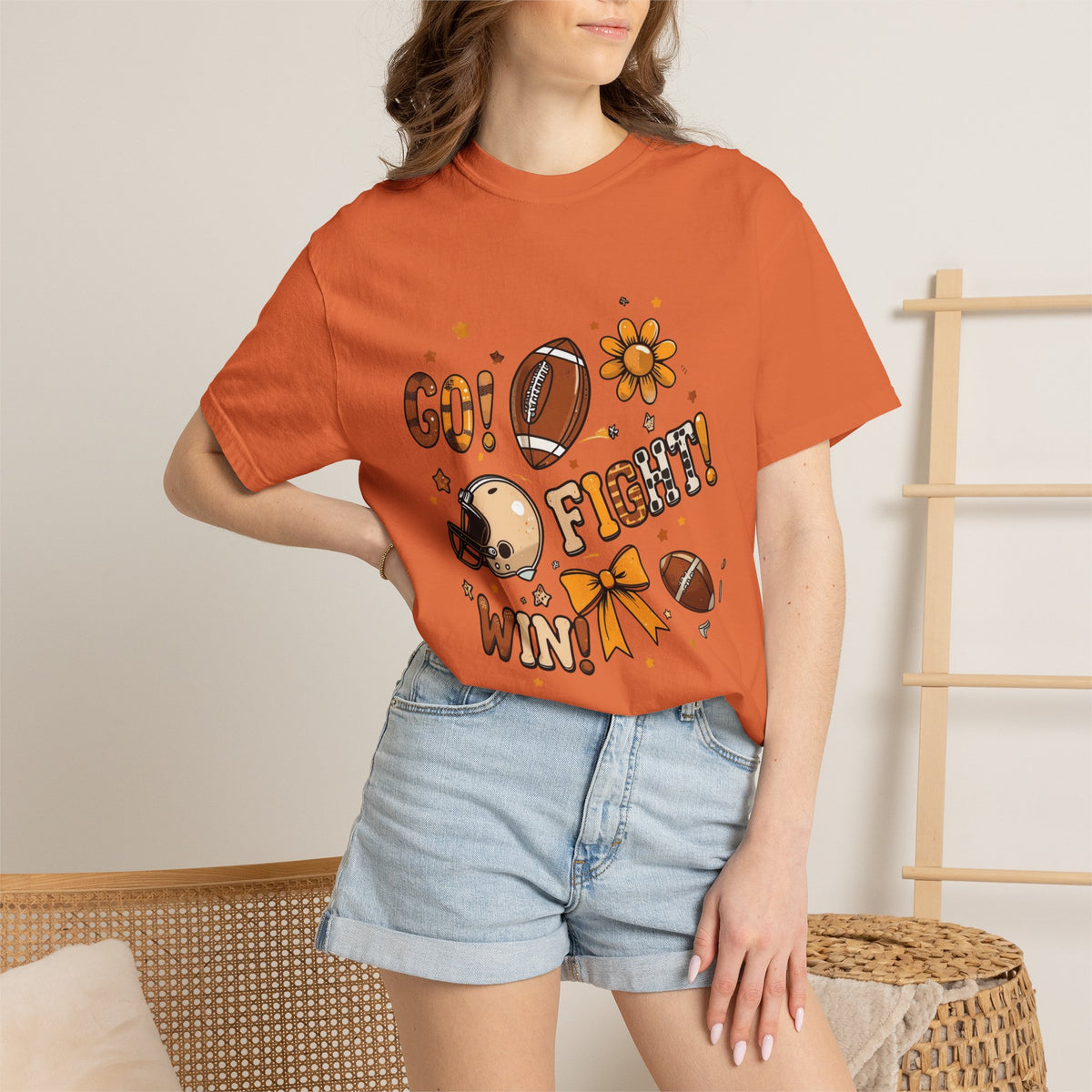 Football Cheerleader Graphic T-Shirt — "Go! Fight! Win!" Game Day Tee