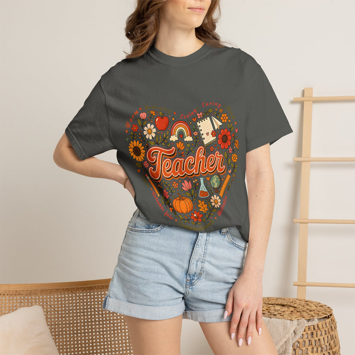 Teacher Heart Autumn Graphic T-Shirt — Fall Apple Pumpkin School Appreciation