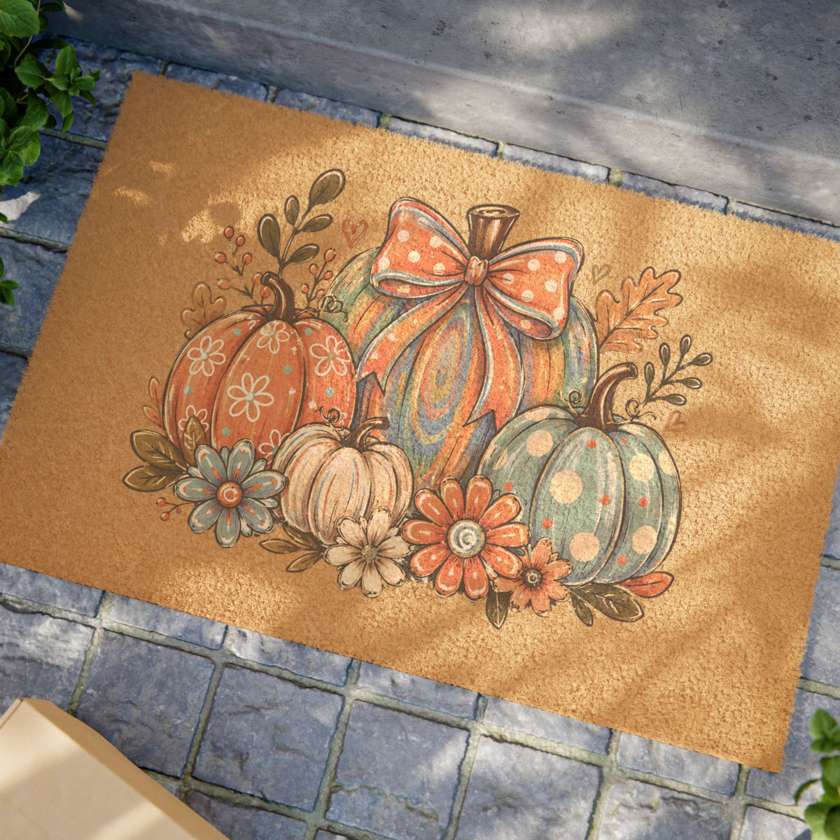 Autumn Pumpkin Doormat — Fall Welcome Mat with Floral Pumpkins
