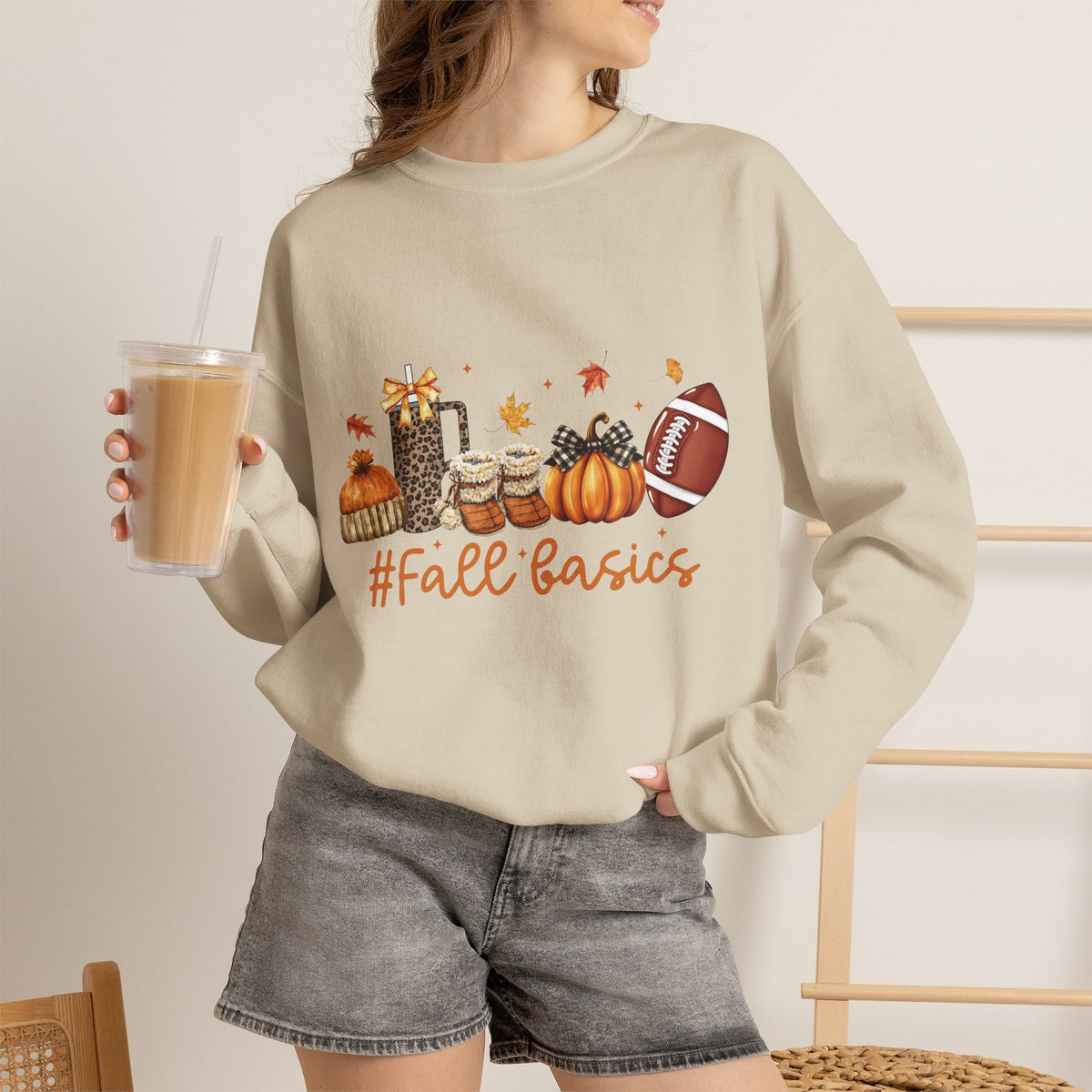 Fall Basics Crewneck Sweatshirt — Cozy Autumn Graphic Sweatshirt with Pumpkins, Coffee & Football