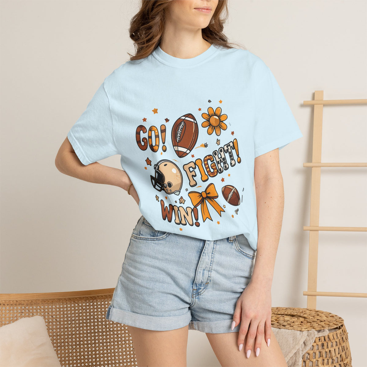 Football Cheerleader Graphic T-Shirt — "Go! Fight! Win!" Game Day Tee