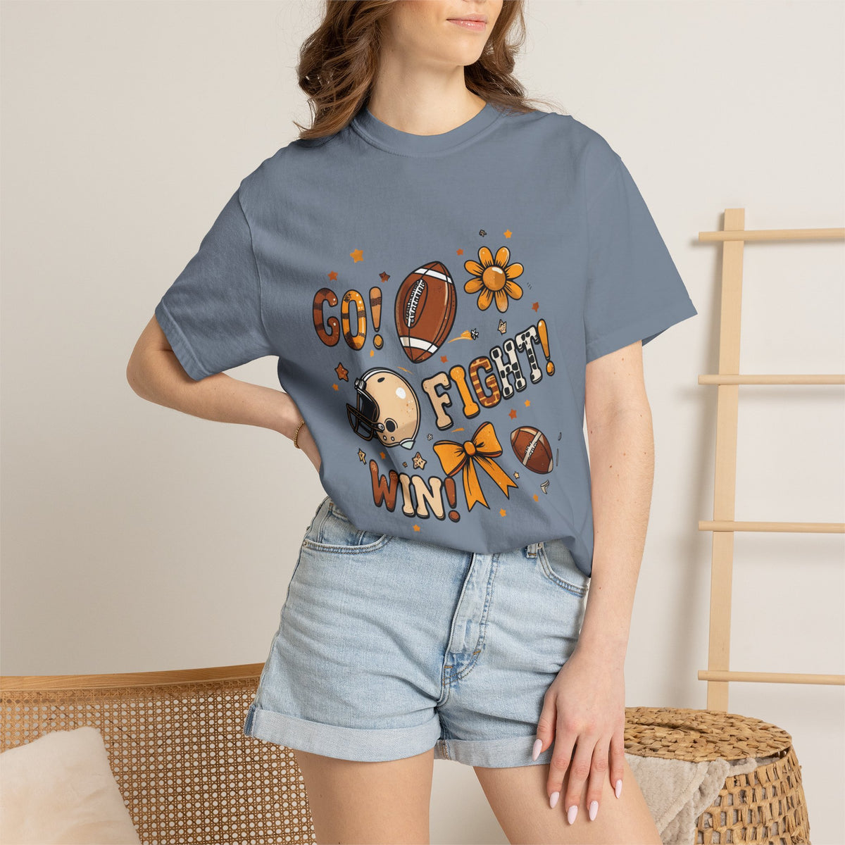 Football Cheerleader Graphic T-Shirt — "Go! Fight! Win!" Game Day Tee