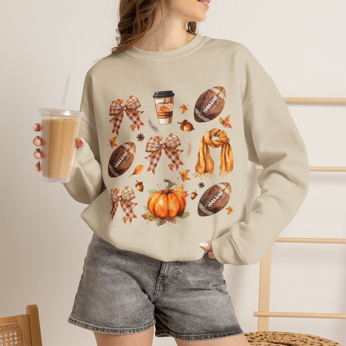 Fall Football Collage Sweatshirt — Pumpkin, Scarf & Coffee Seasonal Crewneck