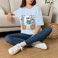 Ghost Reading T‑Shirt — Cute Pumpkin & Floral Halloween Tee