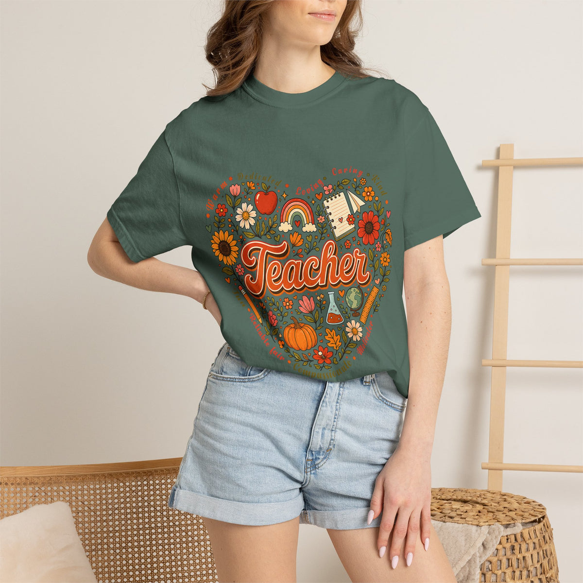 Teacher Heart Autumn Graphic T-Shirt — Fall Apple Pumpkin School Appreciation