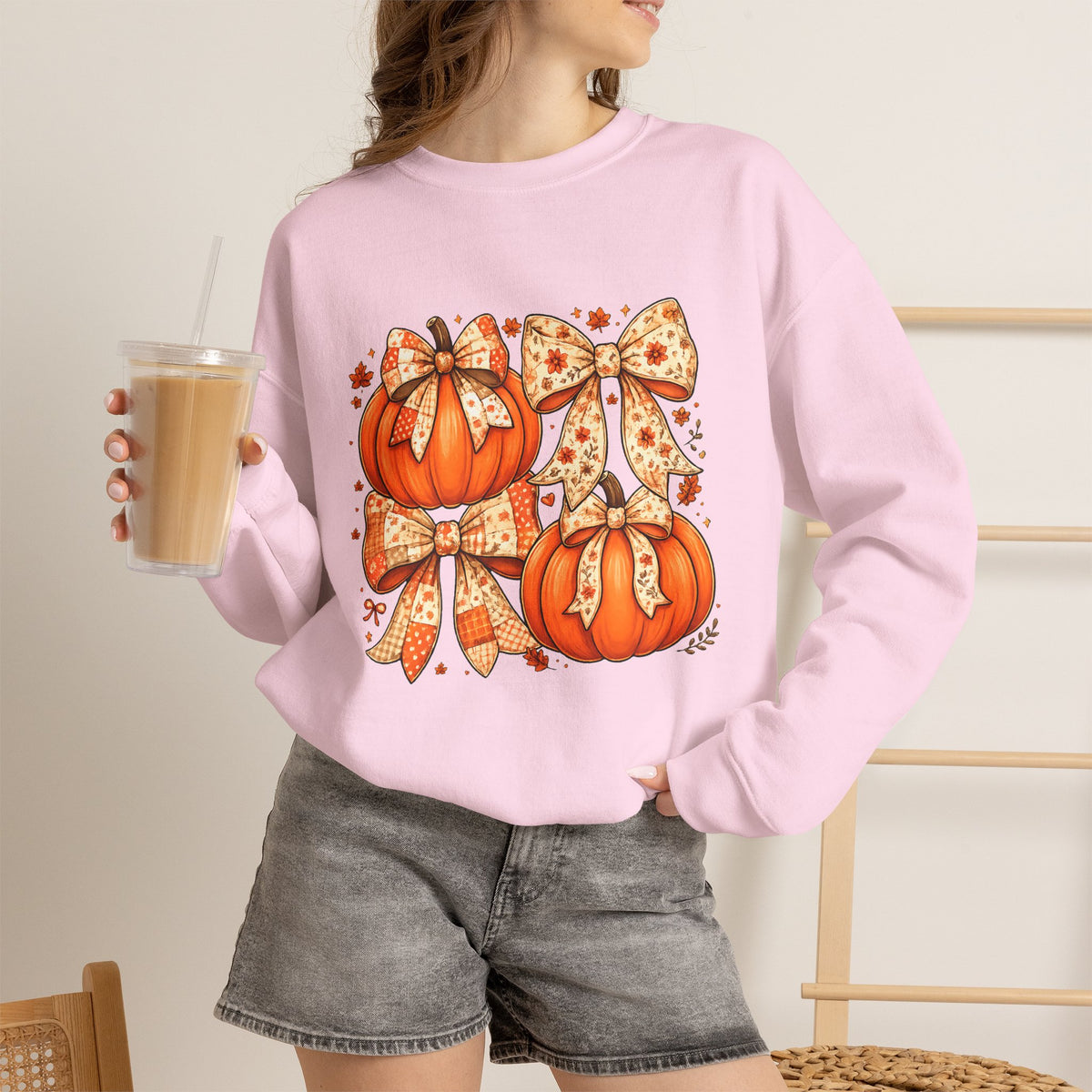 Pumpkin Bow Sweatshirt — Cute Fall Pumpkin Trio Graphic Crewneck
