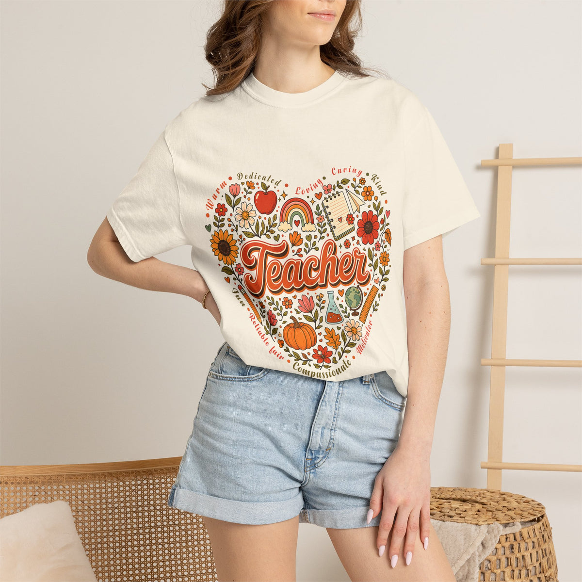 Teacher Heart Autumn Graphic T-Shirt — Fall Apple Pumpkin School Appreciation