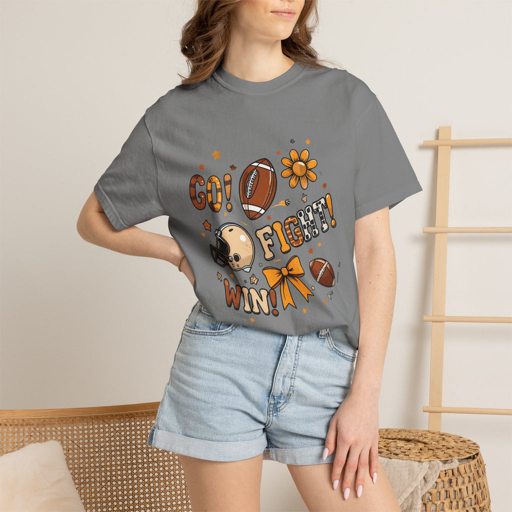 Football Cheerleader Graphic T-Shirt — "Go! Fight! Win!" Game Day Tee