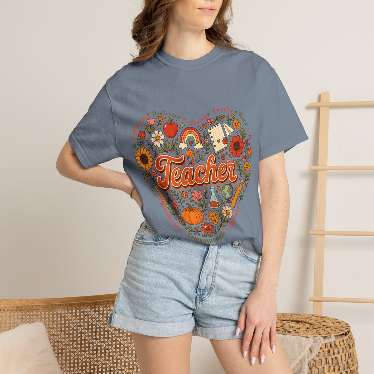 Teacher Heart Autumn Graphic T-Shirt — Fall Apple Pumpkin School Appreciation