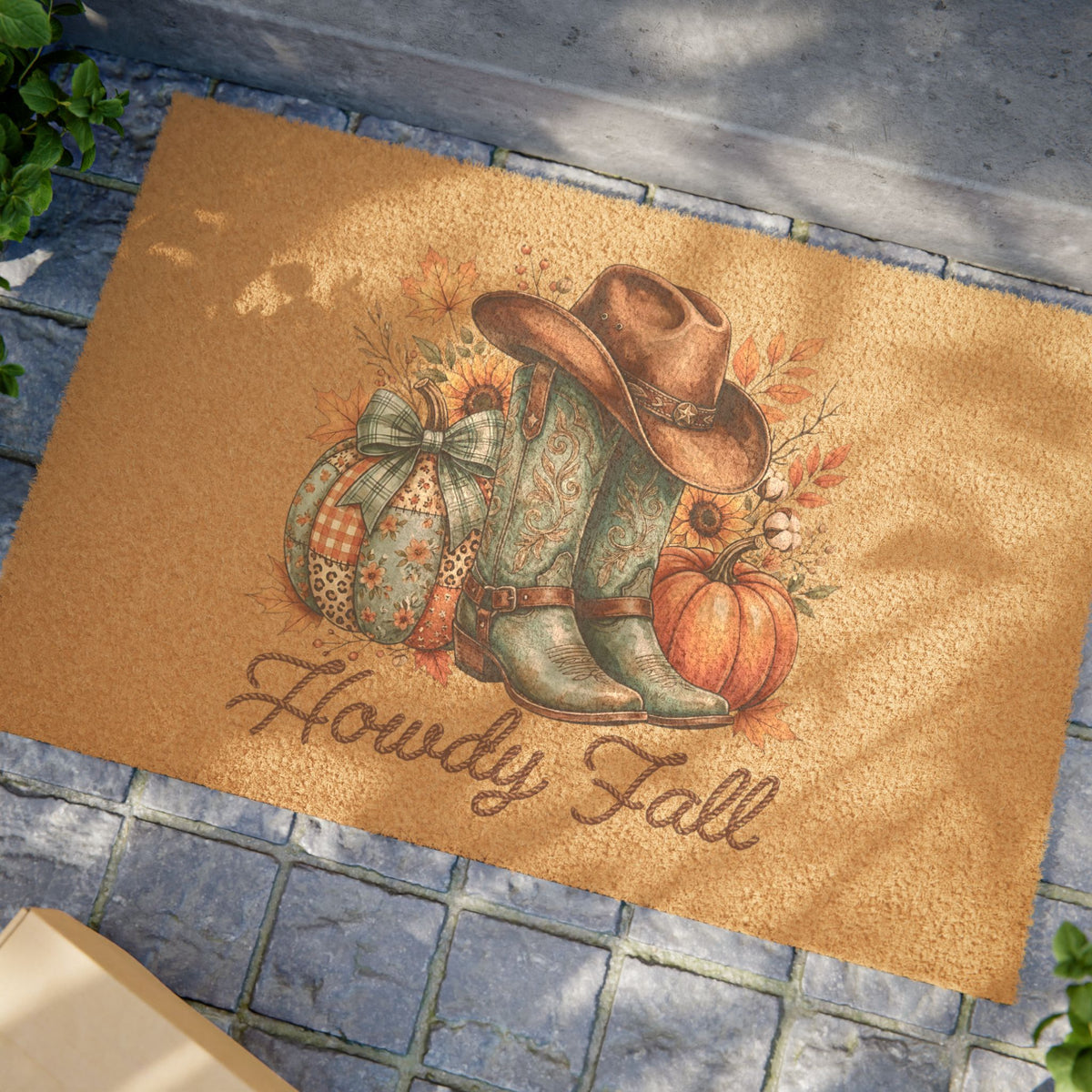 Howdy Fall Doormat — Rustic Cowboy Boots, Hat & Pumpkins Welcome Mat