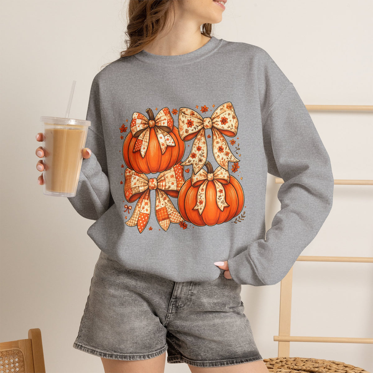 Pumpkin Bow Sweatshirt — Cute Fall Pumpkin Trio Graphic Crewneck