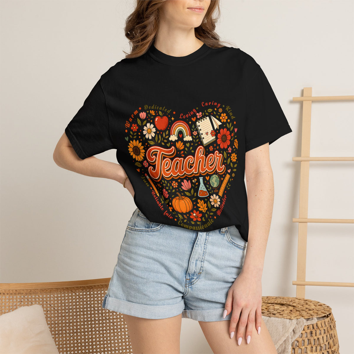 Teacher Heart Autumn Graphic T-Shirt — Fall Apple Pumpkin School Appreciation