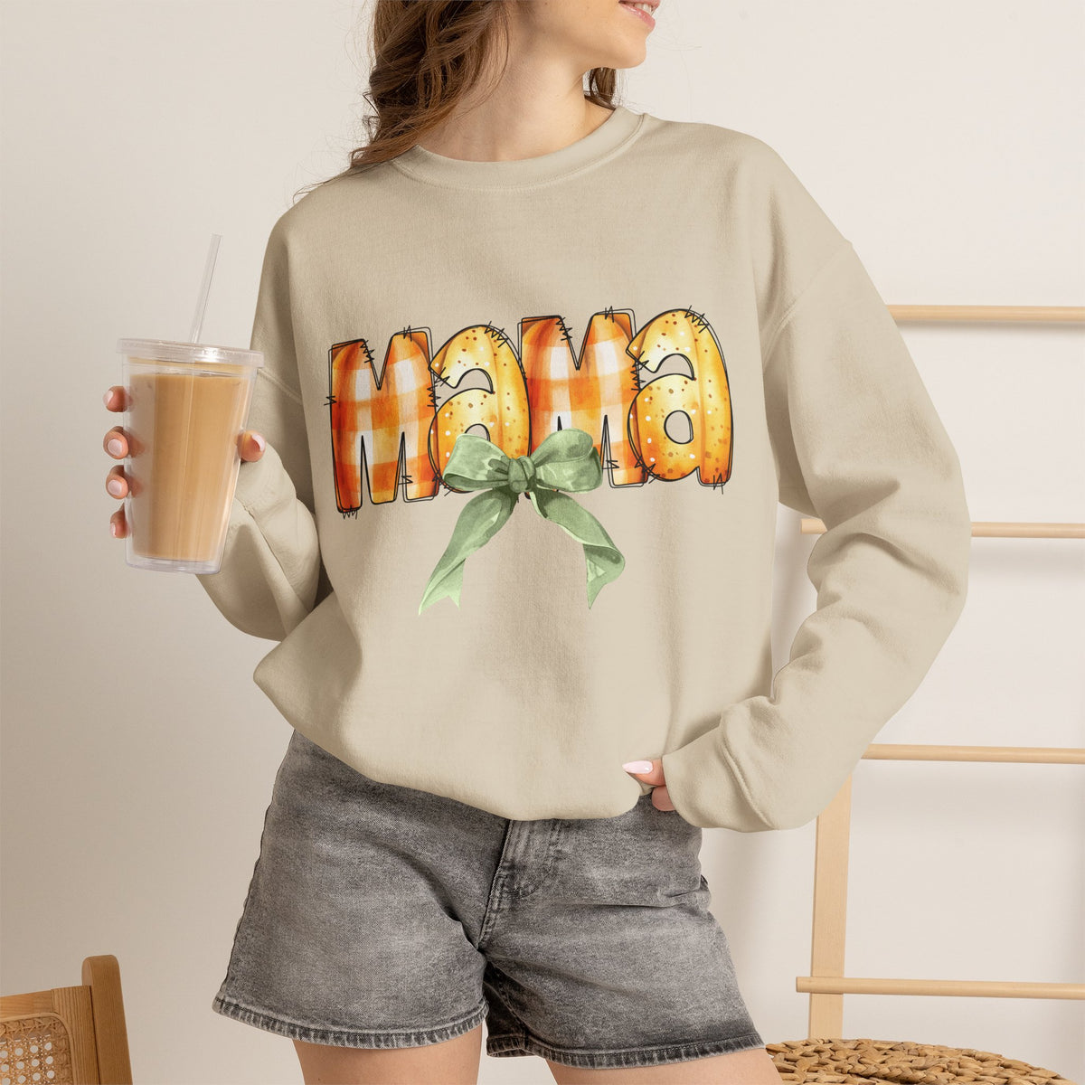 Mama Pumpkin Crewneck Sweatshirt — Autumn Mom Gift with Green Bow