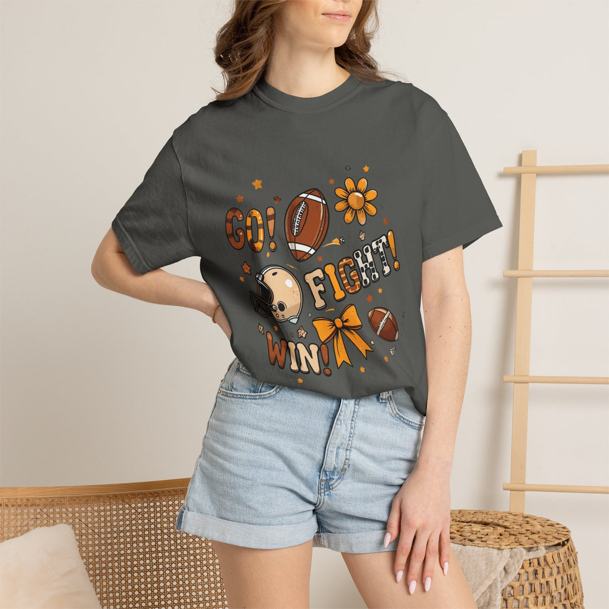 Football Cheerleader Graphic T-Shirt — "Go! Fight! Win!" Game Day Tee