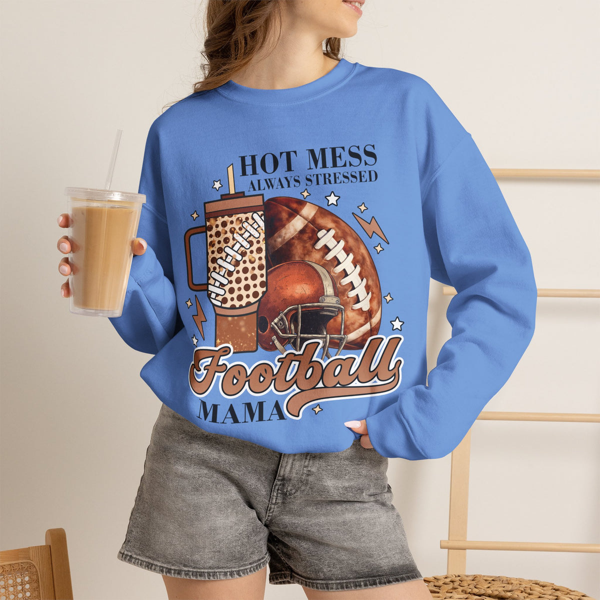 Football Mama Sweatshirt - "Hot Mess Always Stressed" Cozy Game Day Crewneck