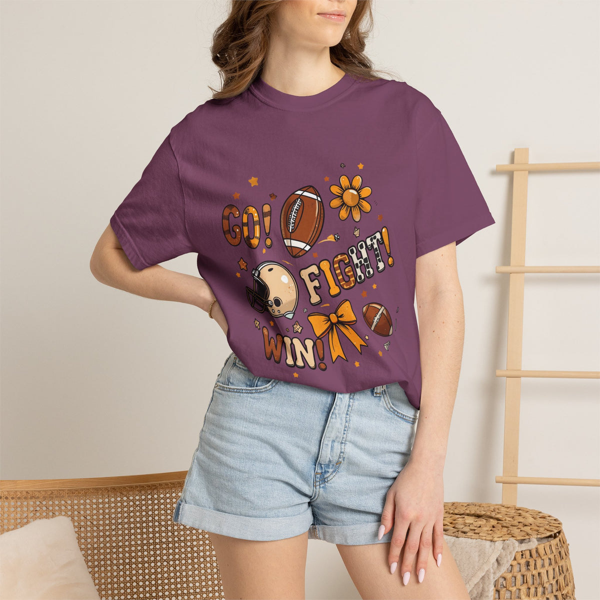 Football Cheerleader Graphic T-Shirt — "Go! Fight! Win!" Game Day Tee