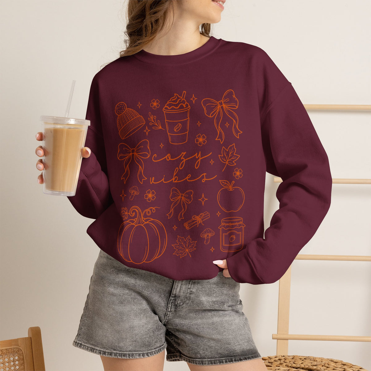 Cozy Vibes Crewneck Sweatshirt — Autumn Doodle Design (Pumpkin, Hot Cocoa, 'Cozy Vibes')