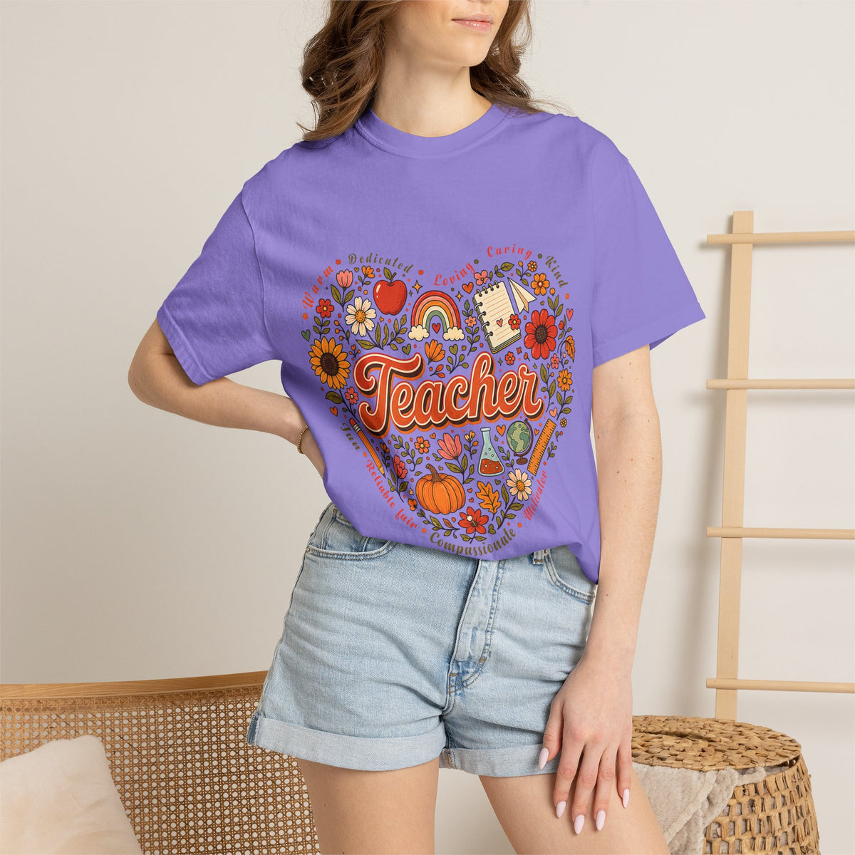 Teacher Heart Autumn Graphic T-Shirt — Fall Apple Pumpkin School Appreciation