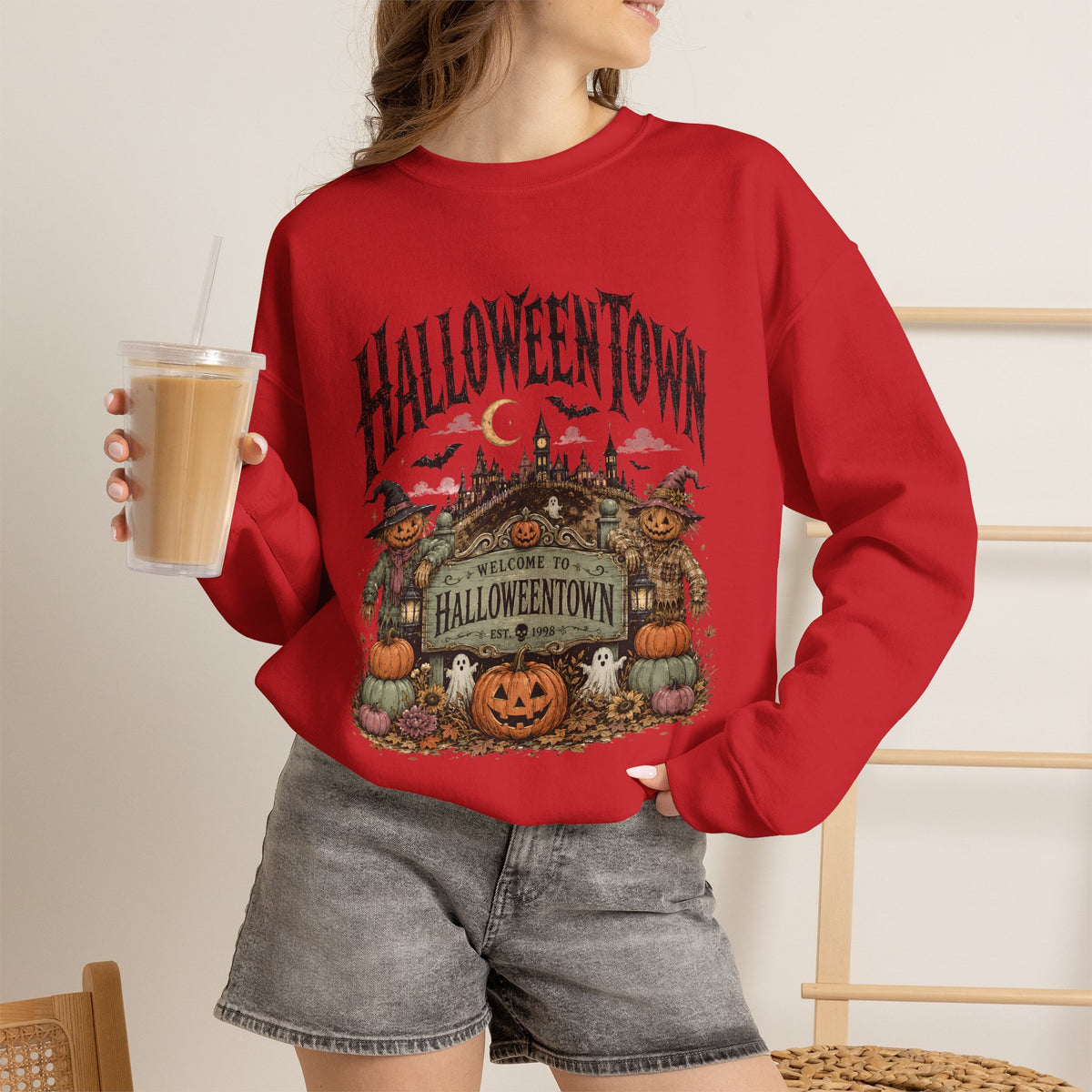 HalloweenTown Crewneck Sweatshirt – Vintage Halloween Pumpkin & Haunted Village Design